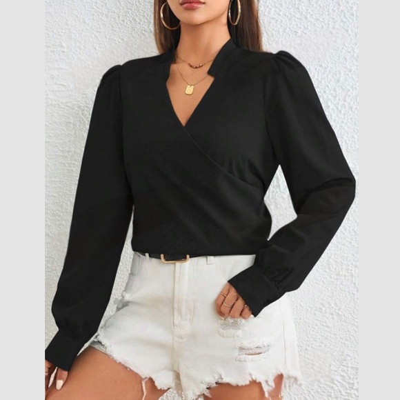 Luxe black classic surplice long sleeve blouse - Picture 1 of 7